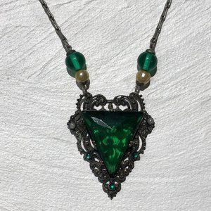 Vintage Emerald Glass and Pearl Filigree Necklace